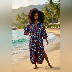 Navy Nautical Satin Print kimono! please note, item has no side slits!